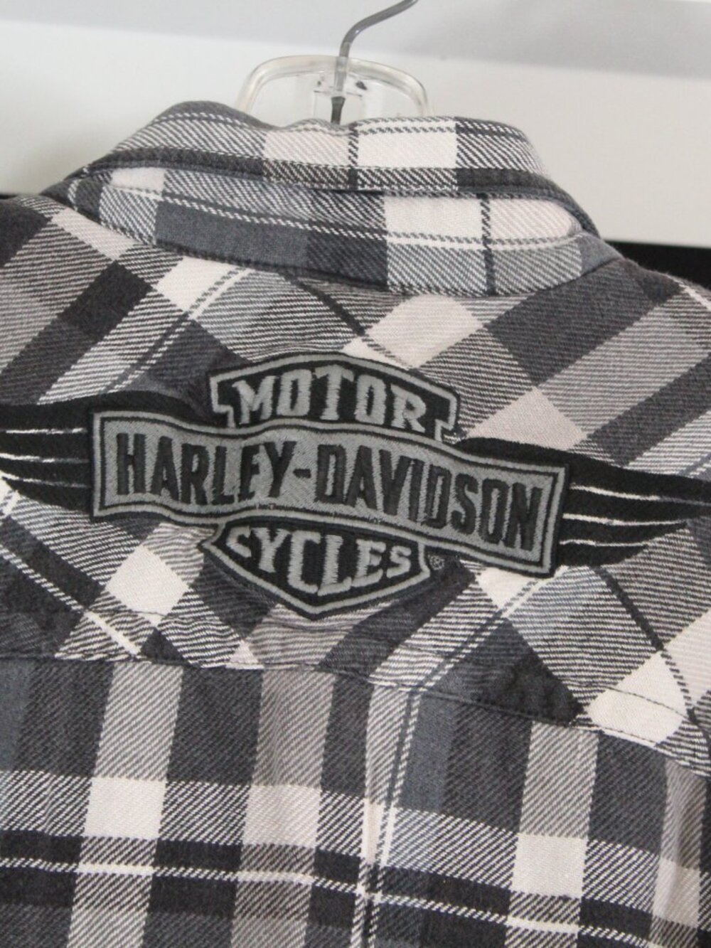 Harley-Davidson Plaid Flannel Shirt L Black White‎ Logo Button Up - Picture 2 of 12